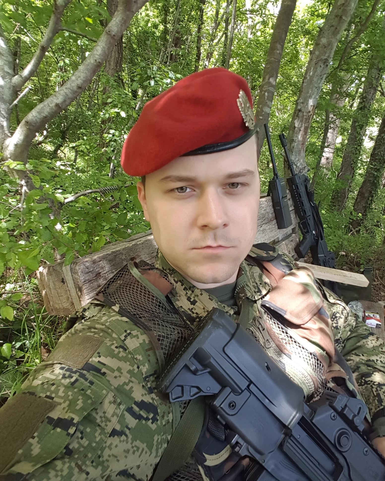 Aldin Badnjević in Croatian Army uniform and beret during active service, 2019