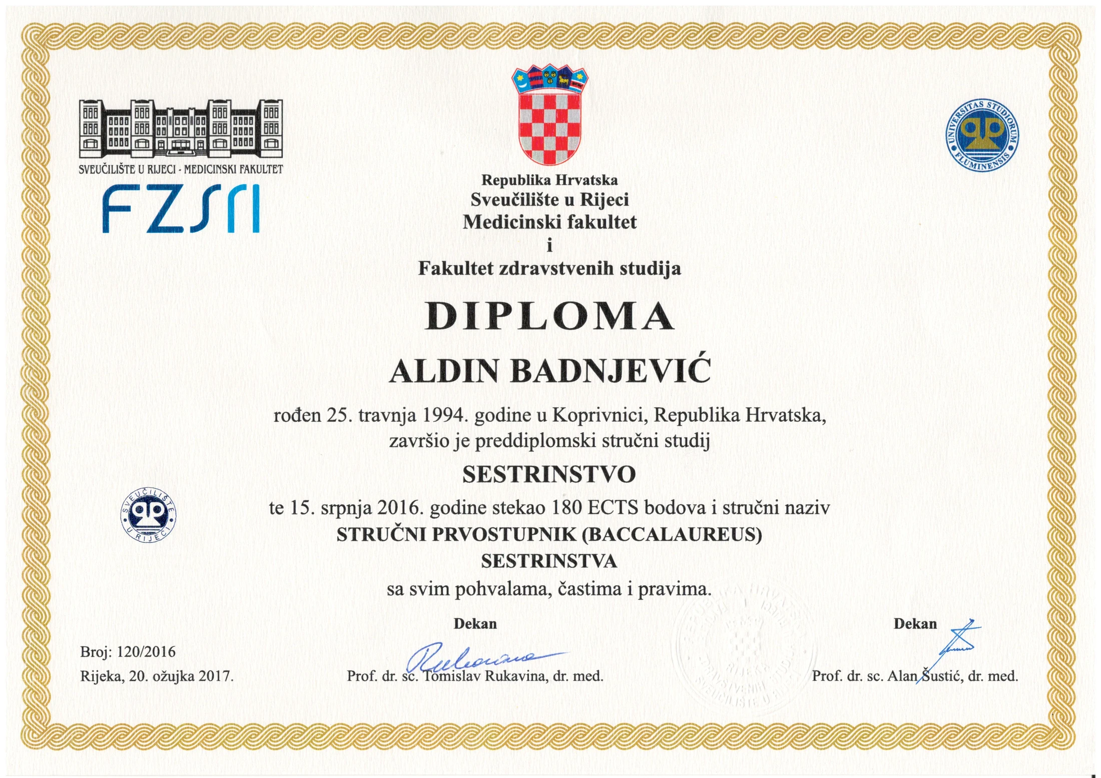 Diploma, Bachelor of Nursing, Faculty of Health Studies Rijeka, 2016