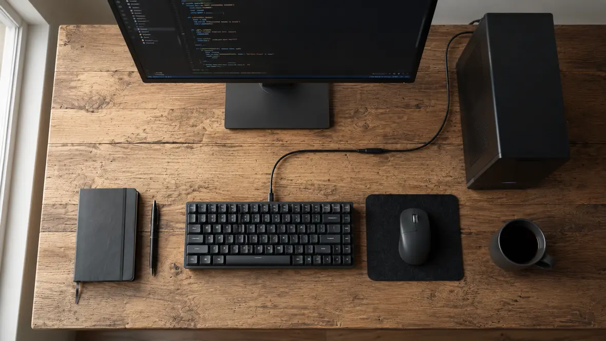 A wooden desk seen from above: a monitor with code on screen, a mechanical keyboard, a mouse, a notebook and a cup of coffee.